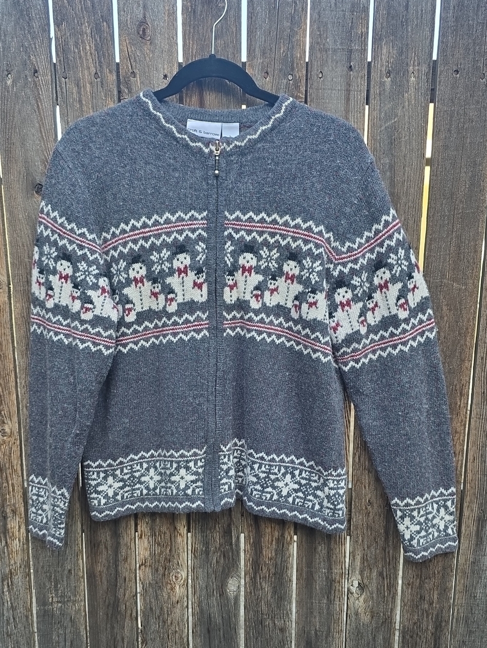 croft & barrow Gray Zip Up Cardigan Sweater Red Stripe Snowmen Snowflake Details